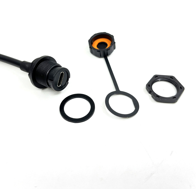 Front panel mount Type C Female IP68 cable assembly with cap